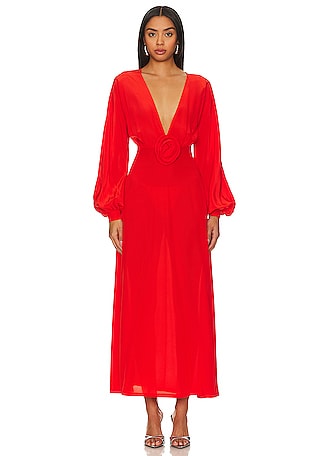 Nadia Long Sleeve Deep V Plunge Dress - Red