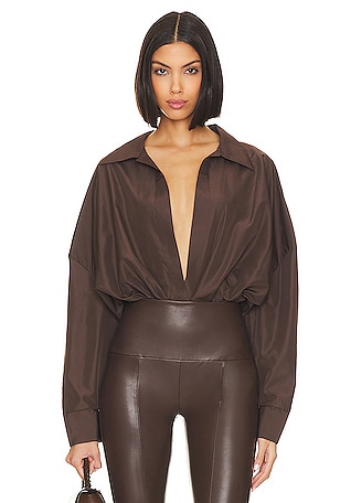 Khaki Faux Leather Halterneck Bodysuit, Tops