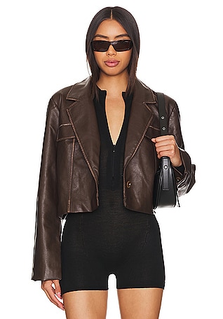 Final Sale Plus Size Faux Leather Blazer Jacket in Black with Gold