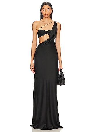 Draped one-shoulder silk satin gown in silver - The Sei