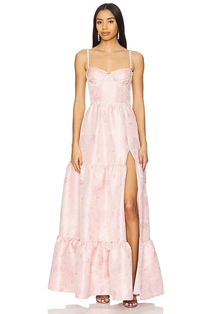 v chapman lucetta corset tiered maxi dress dupe V. Chapman Lucetta Corset Tiered Brocade Maxi Dress