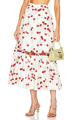 ADRIANA DEGREAS Cherry Bomb Midi Skirt in Off White