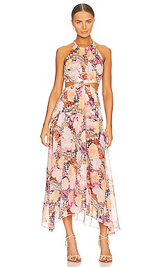 Shona Joy Louise Sleeveless Ruched Midi Dress in Apricot Multi