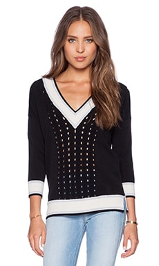 Autumn Cashmere Open Cable Tennis V Neck Sweater in Black Sand