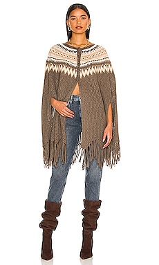 Autumn Cashmere Fair Isle Pointelle Fringe Poncho in Driftwood