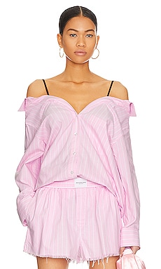 Product image of Alexander Wang Off Shoulder Boyfriend Shirt W/ Charm Bra Strap. Click to view full details