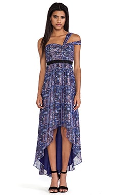 BCBGMAXAZRIA Printed One Shoulder Hi Low Dress in Dark Regal Blue