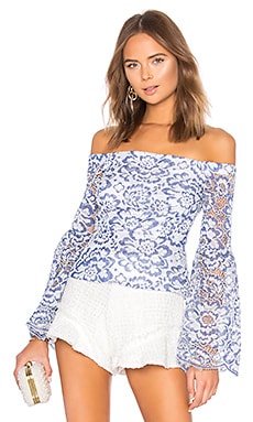 BCBGMAXAZRIA Kamryn Bell Sleeve Top in Blue White Combo REVOLVE