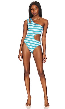 BALMAIN One Shoulder Swimsuit in Turquoise & White