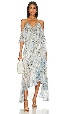 Camilla Ruffle Overlayer Wrap Dress in MOON AND BACK