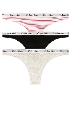 Calvin Klein Carousel Cotton 3-pack Thong Underwear Qd3587 In Feeder Stripe  Plum Berry/grey Heather/pink Smoothie