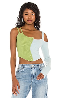 GUIZIO Asymmetrical Knit Long Sleeve Top in Green & Sterling Blue