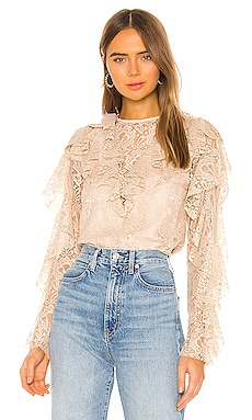 Divine Heritage Keyhole Back Ruffle Blouse in Tea Stain | REVOLVE