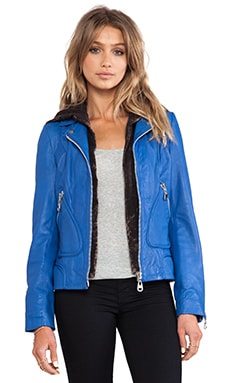 Blue leather jacket hot sale with hood