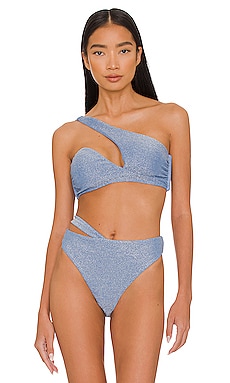 Montce Swim Tori Ties Bandeau Bikini Top in Sky Sparkle