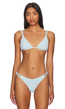 Sorrento: High Cut Bathing Suit in Baby Blue with Tan Stripes