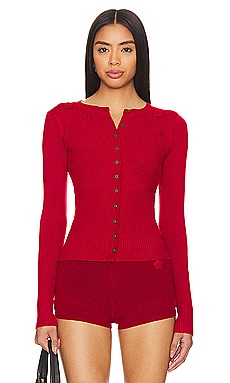 FWRD Renew Celine Gold Button Knit Cardigan in Red