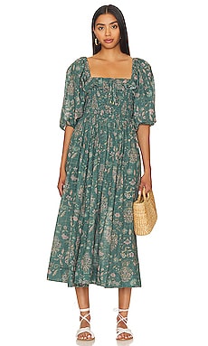 Green Floral Puff Sleeve Ruched Waist Midi Dress - Sale from Yumi UK