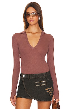 Free People x Revolve Size S Turnt Bodysuit V Neck Long Sleeve Dark Rhubarb  Pink