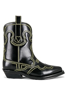 Ganni Low Shaft Embroidered Western Boot in Black & Yellow | REVOLVE