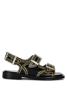 Ganni Embroidered Western Sandal in Black & Yellow | REVOLVE