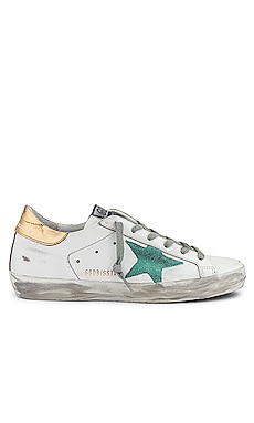 Golden Goose Super Star Sneaker in White, Green & Gold | REVOLVE