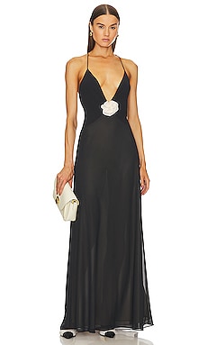 Helsa Sheer Deep V Long Slip Dress in Black