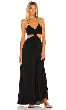 Helsa Sheer Deep V Long Slip Dress in Black