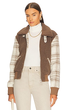 Product image of JONATHAN SIMKHAI STANDARD Wool Plaid Sherpa Bomber Jacket. Click to view full details