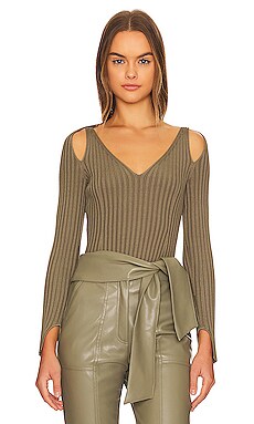 Product image of SIMKHAI Sylvie Long Sleeve Cold Shoulder Halter Top. Click to view full details