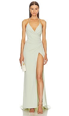 Herve Leger Strappy Tiered Fringe Gown in Willow