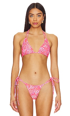 Good American Sparkle Tie Front Triangle Top in Knockout Pink001