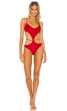 Liz Red Deep V Halter One Piece Swimsuit - DOLL