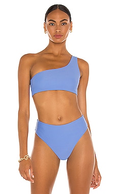 Luli Fama Wavy Baby Asymmetric Ring Bikini Top in Caribe Blue