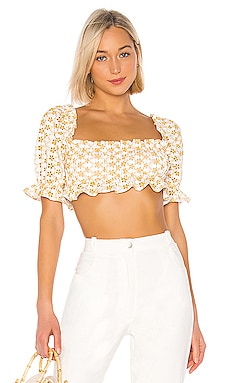 LPA Cropped Peasant Top With Puff Sleeves in White and Yellow ...