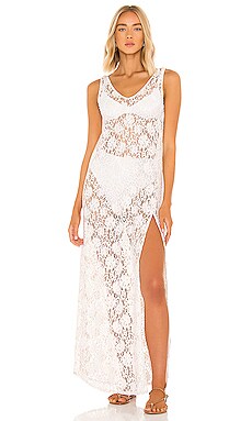 La Lune Cumulus Silk Plunged Lace Maxi Dress, Ivory, Dresses