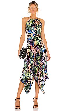 MILLY Joelle Tropical Palm Pleat Dress in Black Multi | REVOLVE