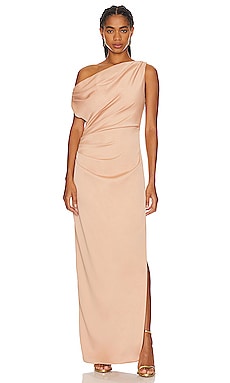 The Sei Draped One-shoulder Silk Gown in Brown
