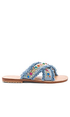 Louisville- Women's Denim Embelished Slide Sandals | Mystique Sandals 12 / Dark Denim/Pearl