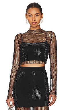 Product image of NICHOLAS Anniel Long Sleeve Crystal Fishnet Crop Top. Click to view full details