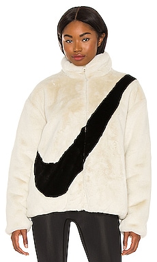 Nike NSW Plush Faux Fur Jacket in Fossil & Black