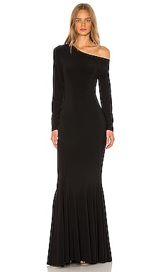 Norma Kamali Long Sleeve Drop Shoulder Fishtail Gown in Black | REVOLVE