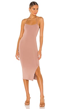 celeste ruffle front fitted midi dress