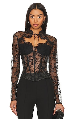 fleur du mal High Neck Lace Bodysuit in Black