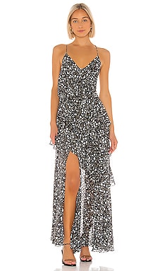 Shona Joy Jarrett Cross Back Tiered Maxi Dress in Black & Multi | REVOLVE