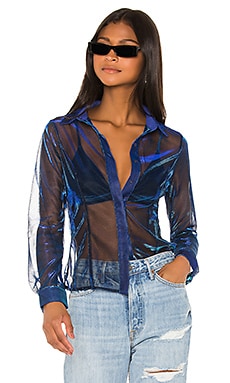 superdown Milianne Button Up Top in Turquoise Metallic