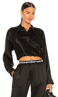 Alexander Wang Bodycon Short Sleeve Mock Neck Top in Black