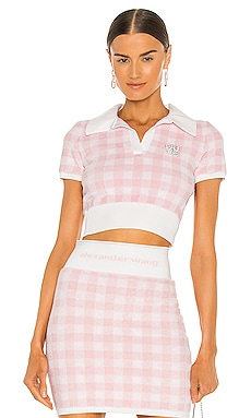 Alexander Wang Towel Gingham Polo Pullover Top in Cradle Pink & White