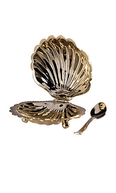 The Favorites Cap Ferrat Fan Shell Lidded Bowl With Spoon in Polished Gold from Revolve.com