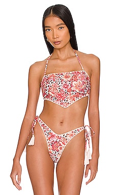 Melissa Simone Ruched Bikini Top in Pink & Orange